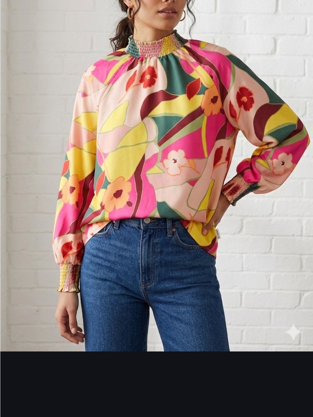 Floral Smocked Neck Blouse - Pink Multi